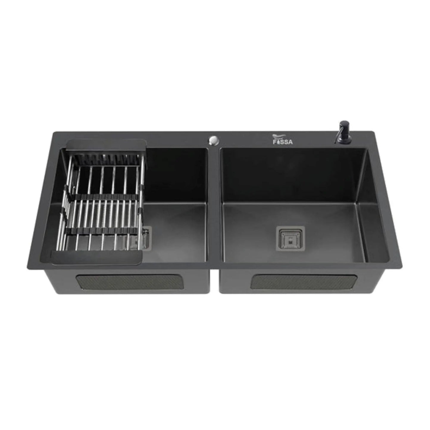 Fossa 45"x20"x10" Inch Double Bowl Tap Hole With Soap Dispenser 304 Grade Stainless steel Handmade Kitchen Sink ( Black )