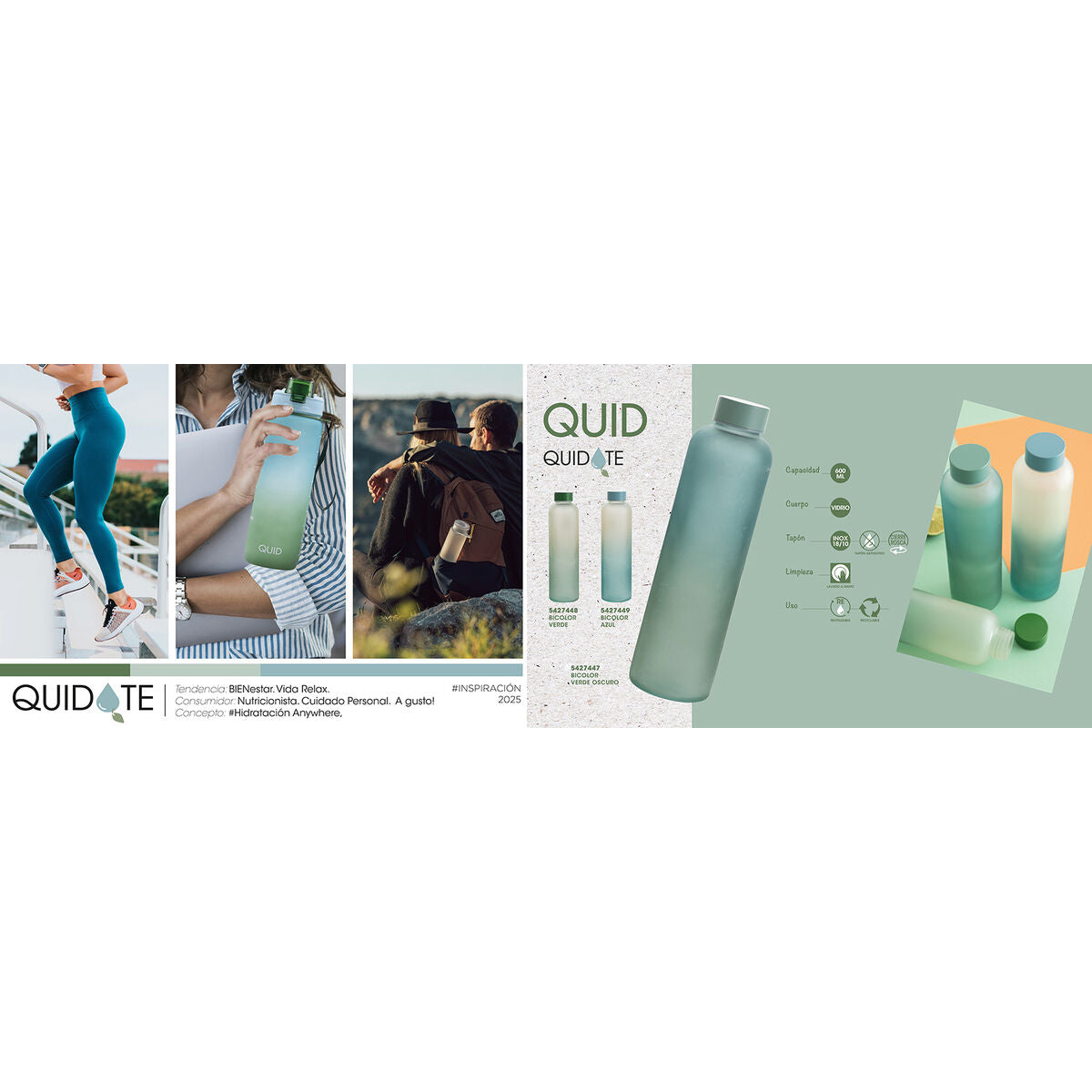 Water bottle Quid Quidate Green Glass 600 ml (12 Units)