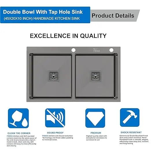 Fossa 45"x20"x10" Inch Double Bowl Tap Hole With Soap Dispenser 304 Grade Stainless steel Handmade Kitchen Sink ( Black )