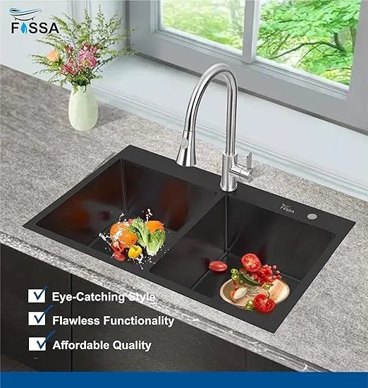 Fossa 45"x20"x10" Inch Double Bowl Tap Hole With Soap Dispenser 304 Grade Stainless steel Handmade Kitchen Sink ( Black )